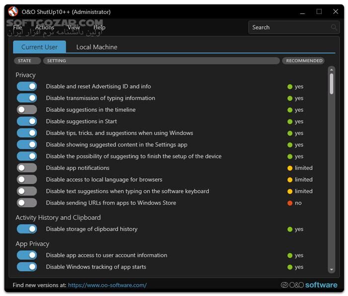 دانلود O&O ShutUp10++ 2.1.1015 - دانلود تنظیمات حریم خصوصی ویندوز 10 و 11 - سافت گذر