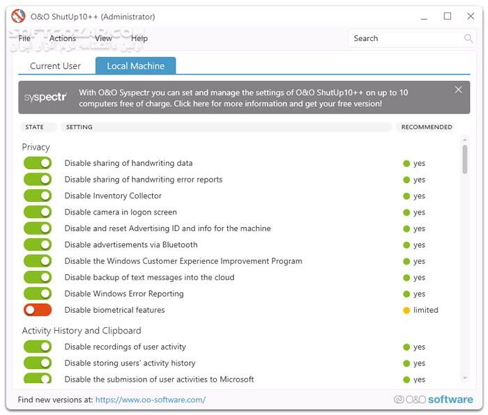 دانلود O&O ShutUp10++ 2.1.1015 - دانلود تنظیمات حریم خصوصی ویندوز 10 و 11 - سافت گذر