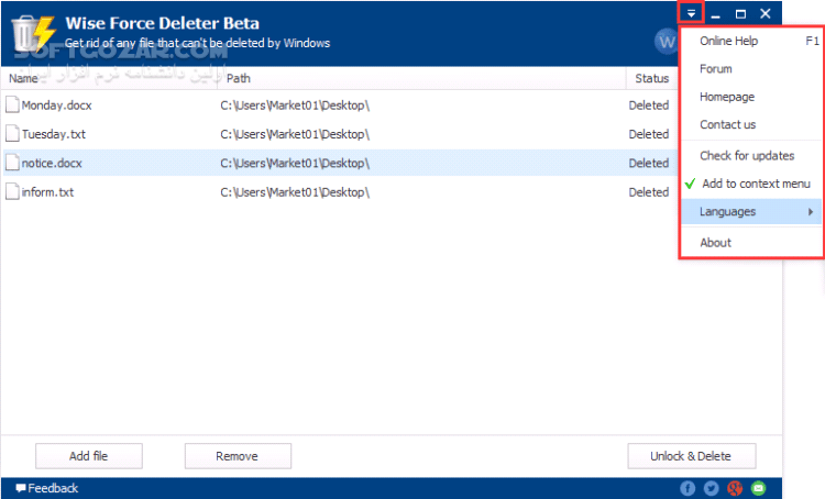 دانلود Wise Force Deleter 1.5.7.59 - دانلود حذف فایلهای غیر قابل حذف - سافت گذر